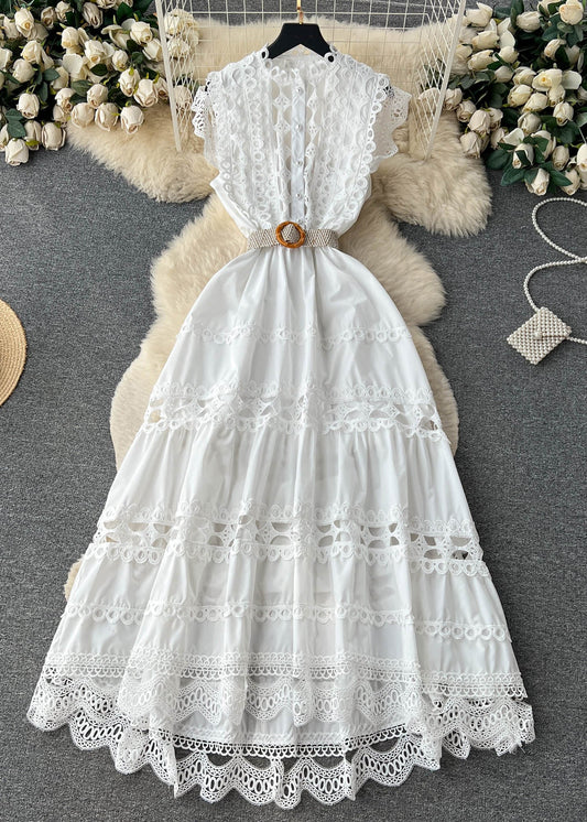 Nouvelle robe blanche en coton ajouré en dentelle sans manches TR032