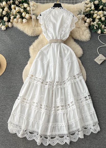 New White Lace Hollow Out Cotton Dress Sleeveless TR032