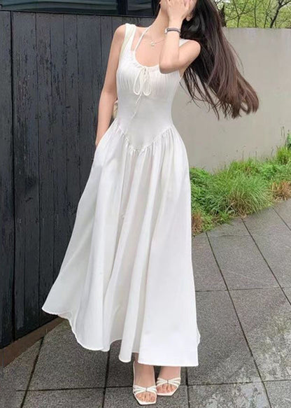 New White Lace Up Pockets Cotton Long Dress Sleeveless ZL033