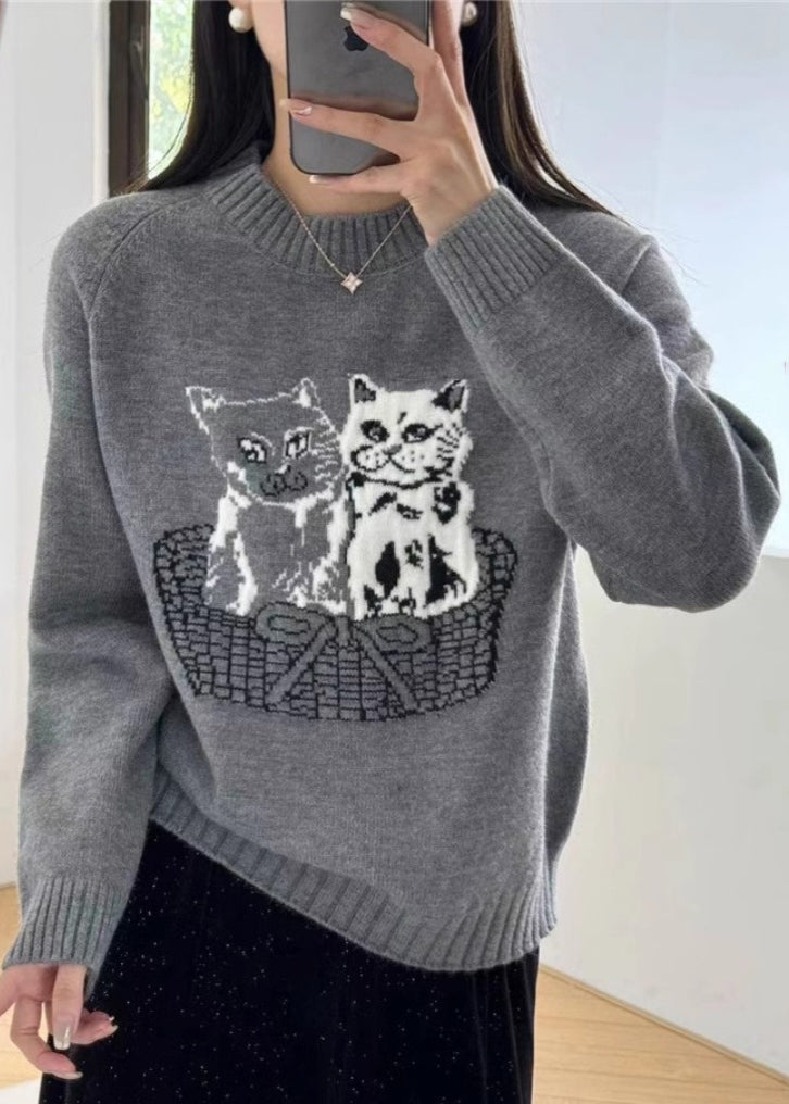 New White O Neck Animal Cozy Knit Sweaters Fall QG006