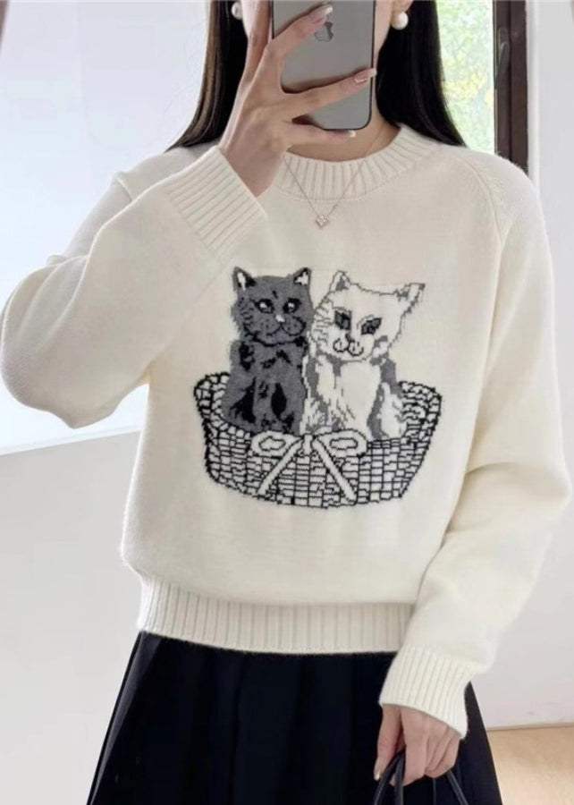 New White O Neck Animal Cozy Knit Sweaters Fall QG006