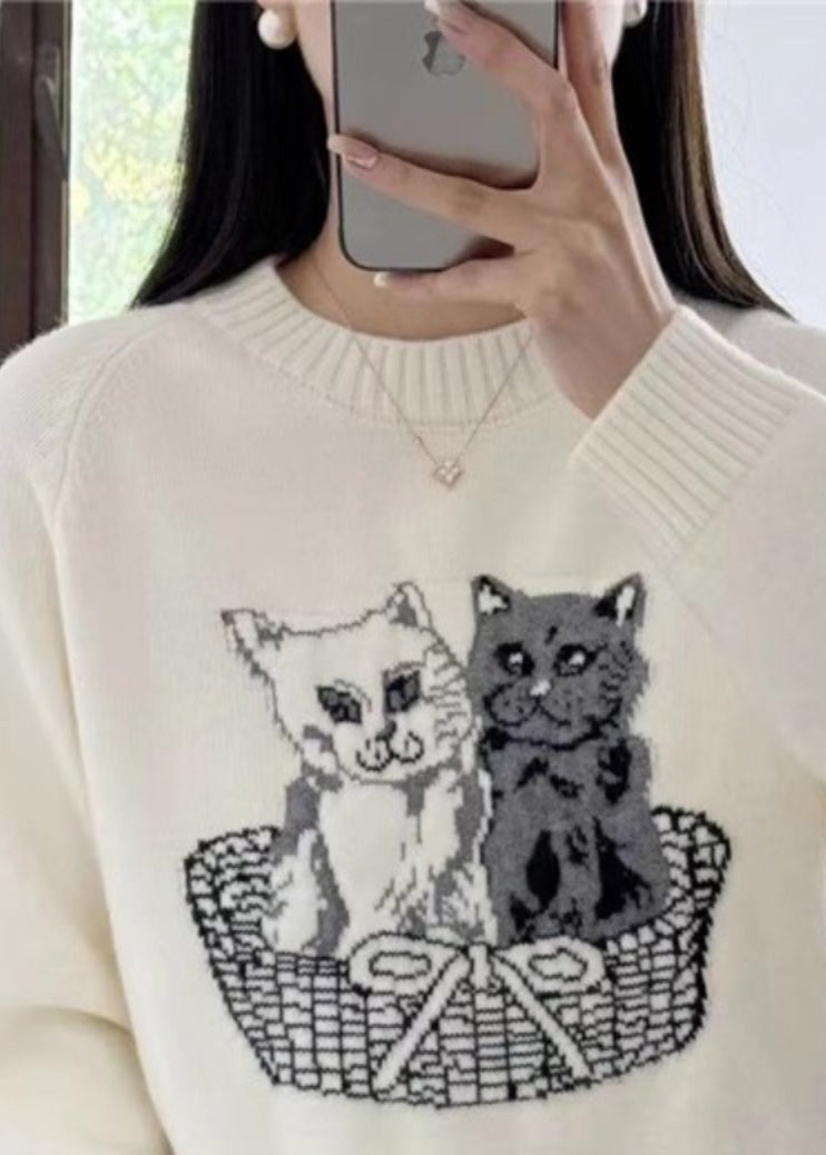 New White O Neck Animal Cozy Knit Sweaters Fall QG006