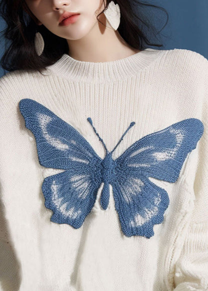 New White O Neck Butterfly Cozy Knit Sweater Fall QS025