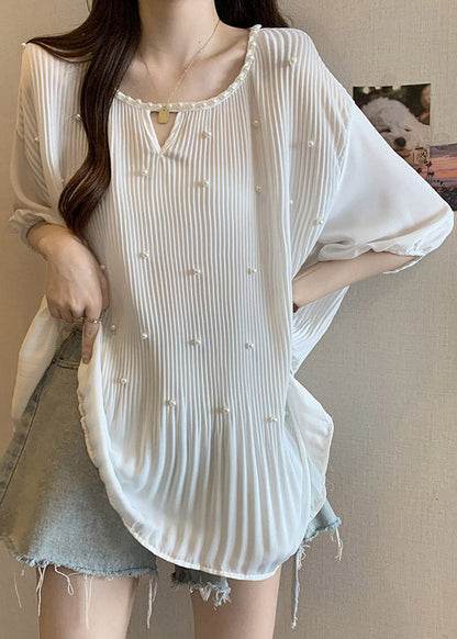 New White O Neck Nail Bead Wrinkled Shirt Tops Summer RE037