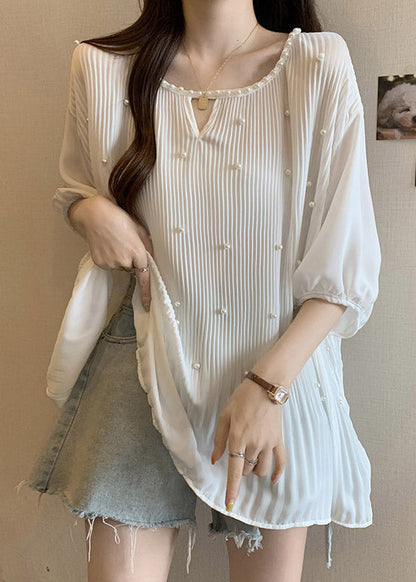 New White O Neck Nail Bead Wrinkled Shirt Tops Summer RE037