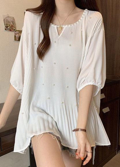 New White O Neck Nail Bead Wrinkled Shirt Tops Summer RE037