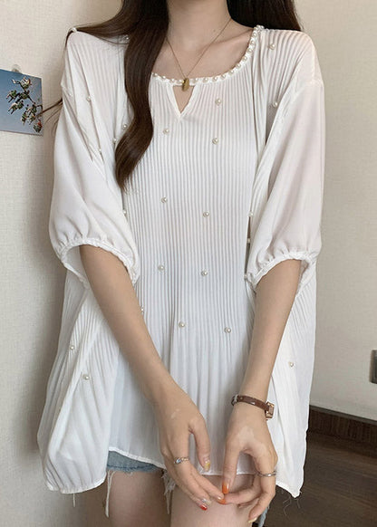 New White O Neck Nail Bead Wrinkled Shirt Tops Summer RE037