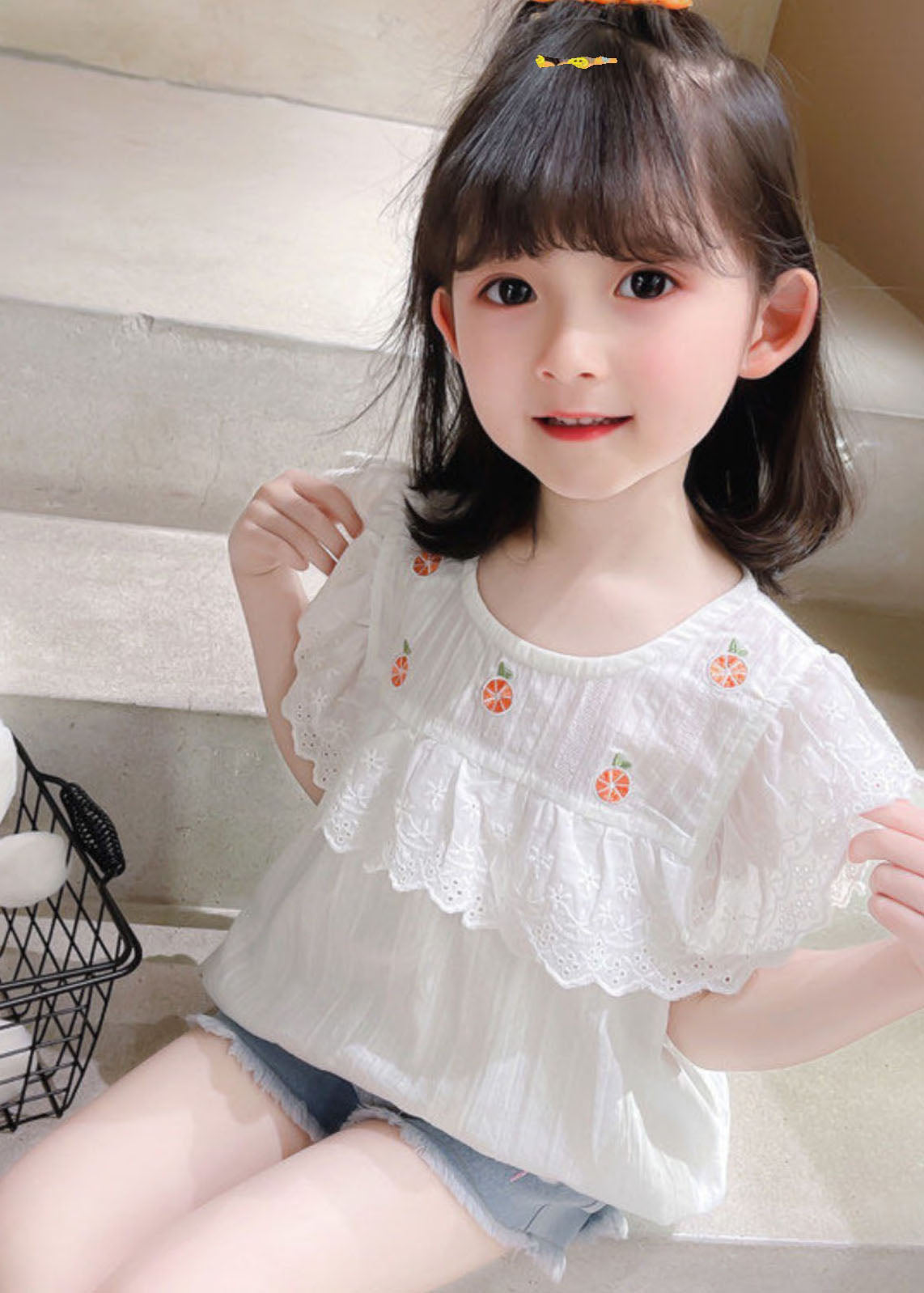 New White Patchwork Hollow Out Kids Top Short Sleeve SS1010