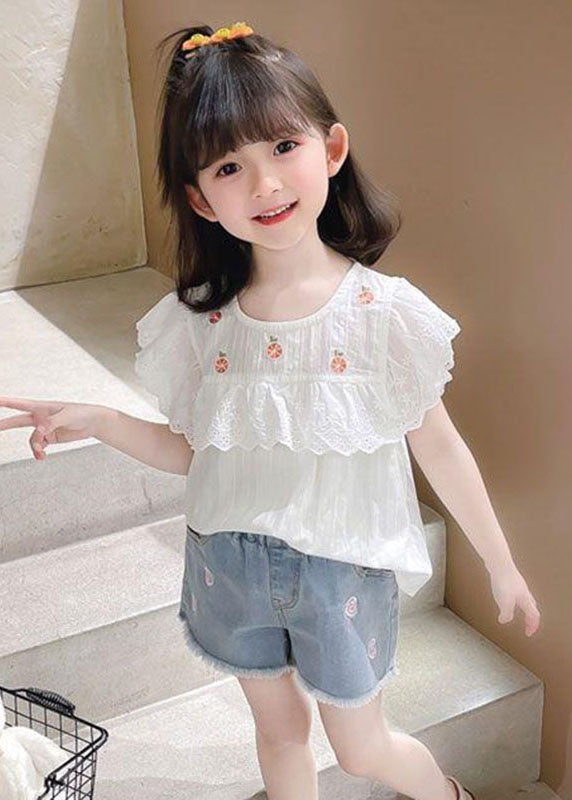 New White Patchwork Hollow Out Kids Top Short Sleeve SS1010