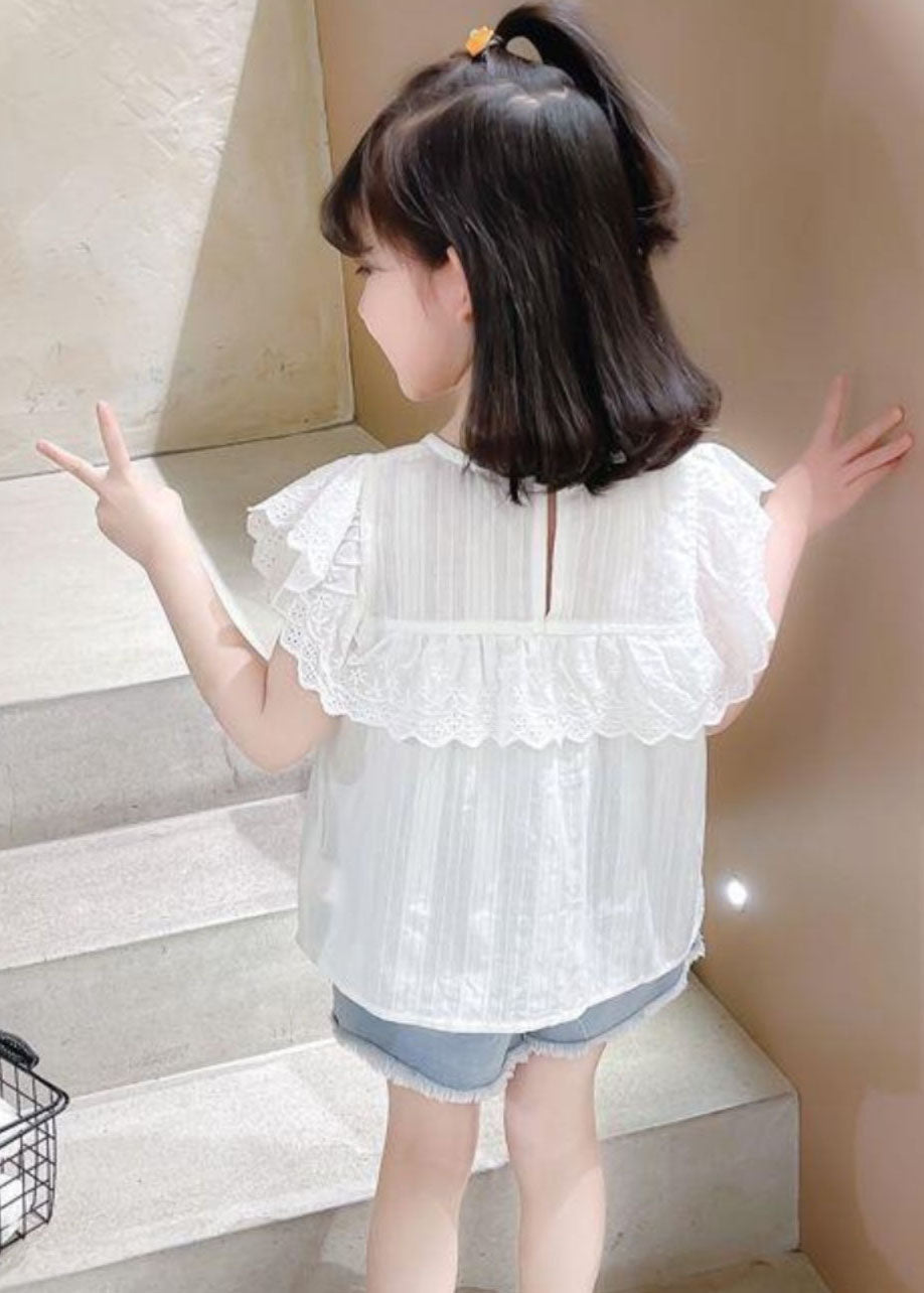 New White Patchwork Hollow Out Kids Top Short Sleeve SS1010