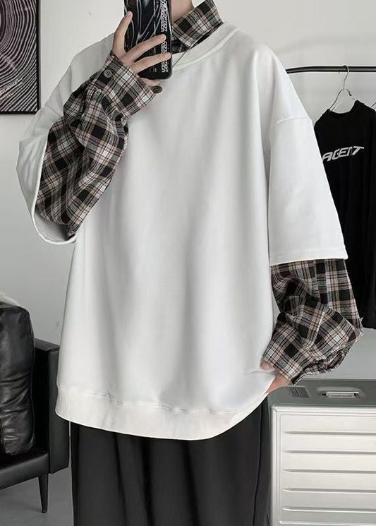 Plaid New Cotton False White Two Patchwork Mens Pieces