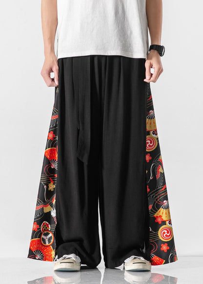 New White Pockets Print Patchwork Cotton Men Wide Leg Pants Summer SA040