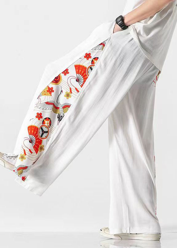 New White Pockets Print Patchwork Cotton Men Wide Leg Pants Summer SA040