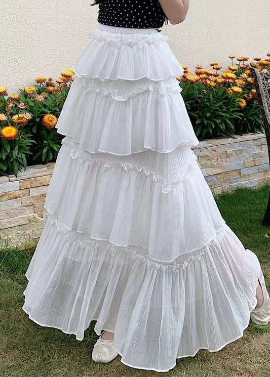 New White Ruffled Layered Patchwork Cotton Skirts Summer QQ1056