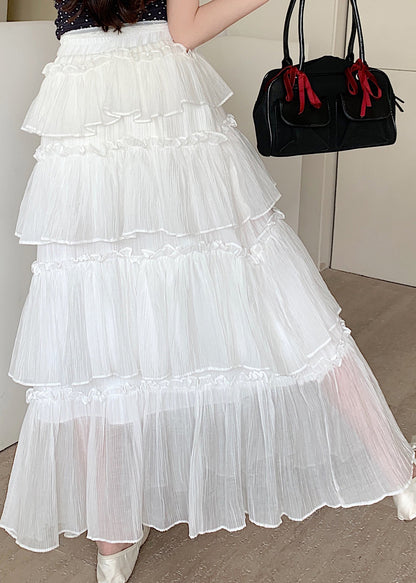 New White Ruffled Layered Patchwork Cotton Skirts Summer QQ1056