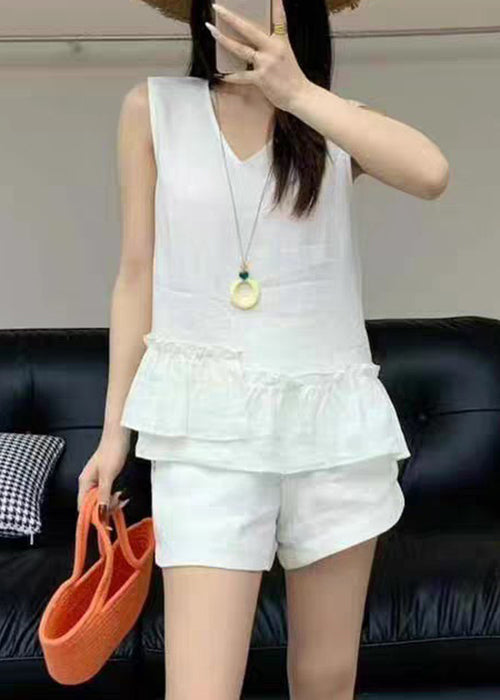 Pieces Two White Solid Ruffled Pockets Linen Set Summer New