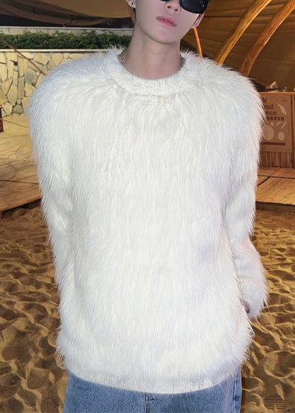 New White Solid Cozy Mink Velvet Men Sweaters O Neck Winter RC025