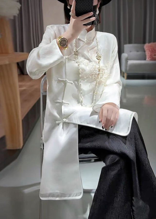 New White Stand Collar Embroidered Button Silk Shirt Long Sleeve Ada Fashion