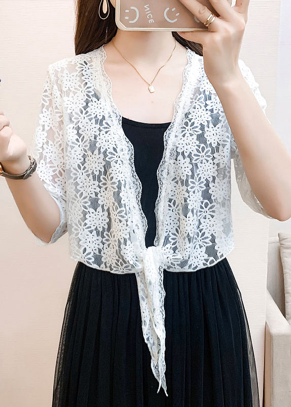 New White V Neck Lace Up Lace Cardigan Half Sleeve Ada Fashion