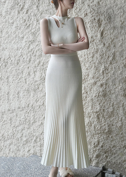 Nouvelle robe longue en tricot blanc froissé ajouré sans manches XX091