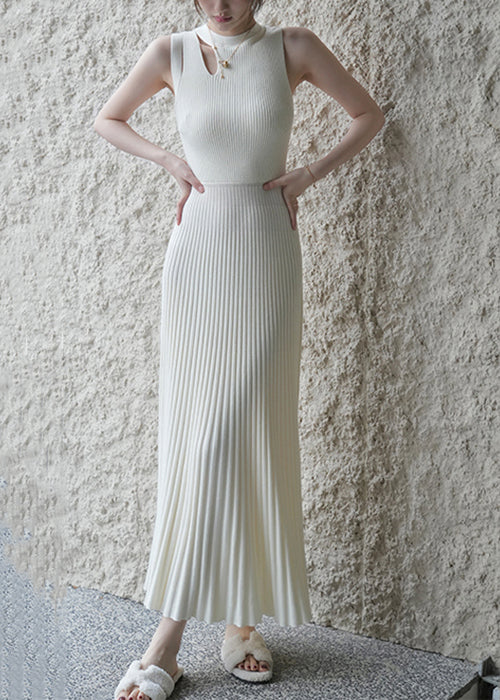 Nouvelle robe longue en tricot blanc froissé ajouré sans manches XX091