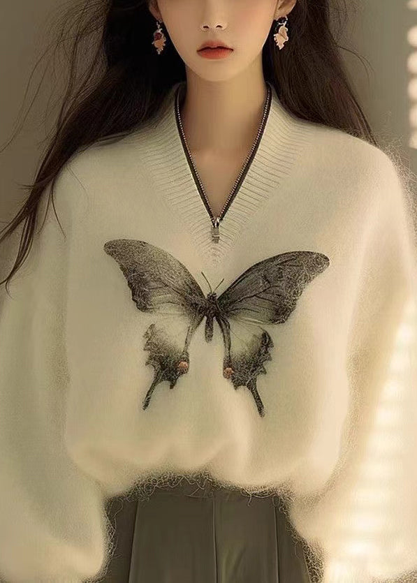 New White Zip Up Butterfly Print Knit Sweater Winter WK014