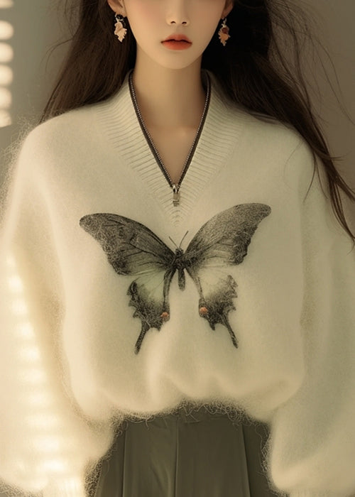 New White Zip Up Butterfly Print Knit Sweater Winter WK014