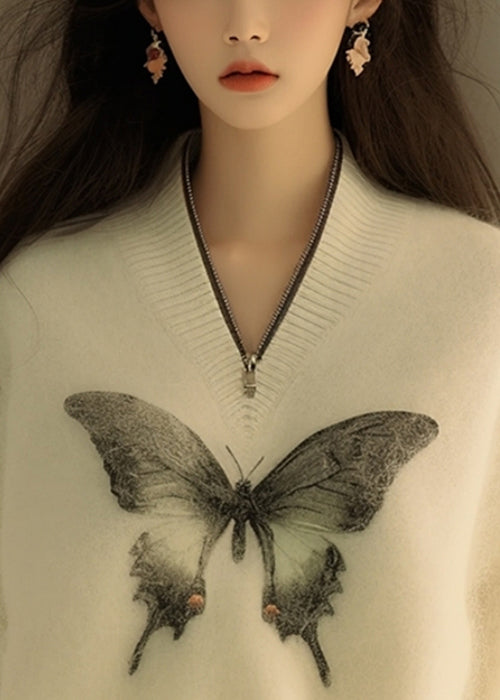 New White Zip Up Butterfly Print Knit Sweater Winter WK014