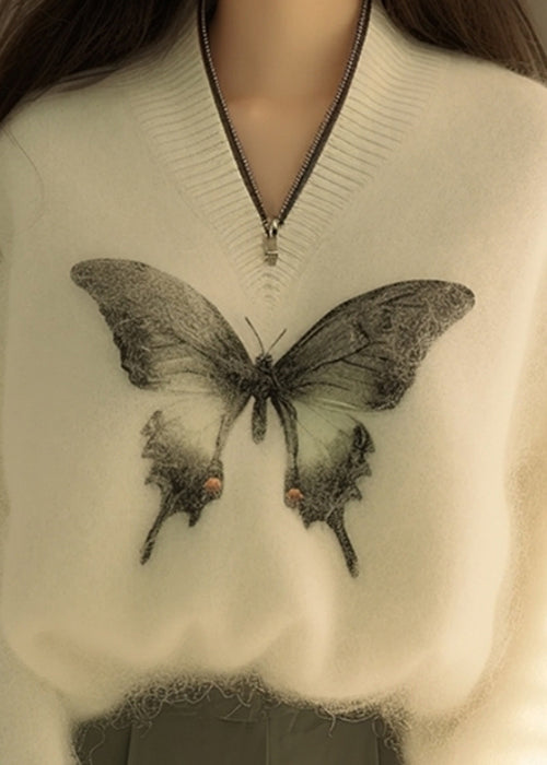 New White Zip Up Butterfly Print Knit Sweater Winter WK014