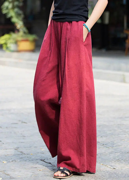 New Wine Red Pockets Elastic Waist Linen Pants Summer Ada Fashion