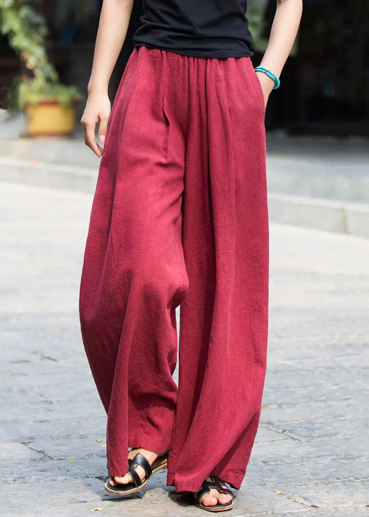 New Wine Red Pockets Elastic Waist Linen Pants Summer Ada Fashion