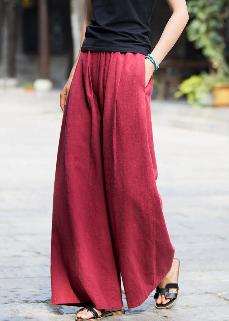 New Wine Red Pockets Elastic Waist Linen Pants Summer Ada Fashion