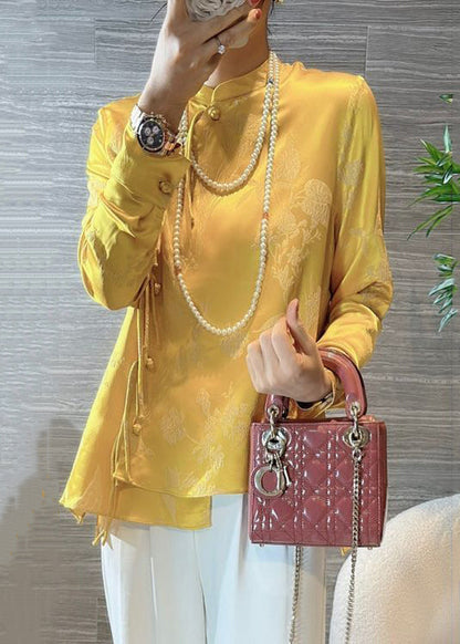 New Yellow Chinese Button Print Silk Blouses Spring Ada Fashion