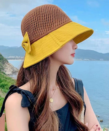 New Yellow Hollowed Out Patchwork Bow Shading Bucket Hat YU1020