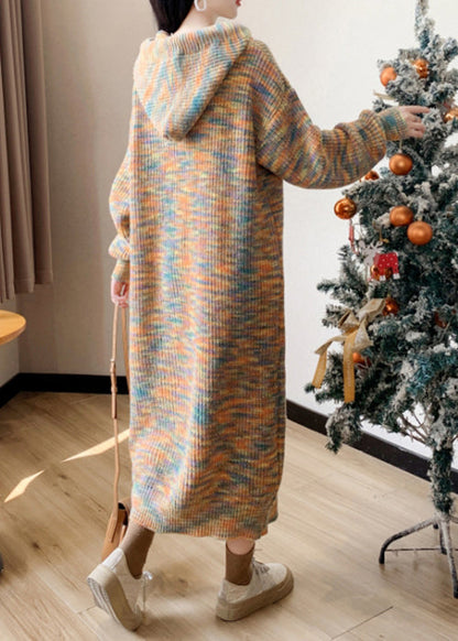 New Yellow Hooded Cozy Cotton Knit Sweater Dress Winter RK033