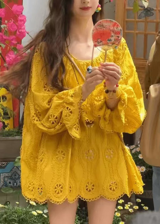 Nouveau haut à manches en dentelle et col rond ajouré, chemise longue jaune