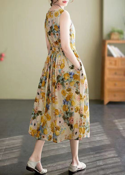 New Yellow O Neck Lace Up Print Cotton Long Dress Sleeveless JH058