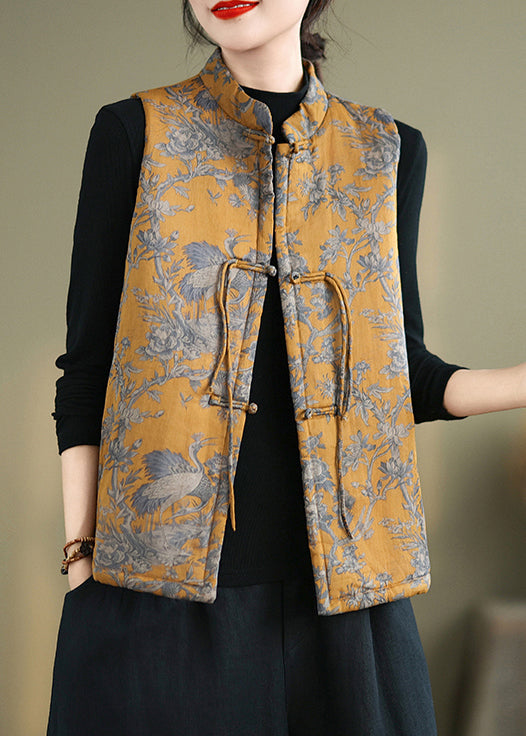 New Yellow Print Chinese Button Cotton Filled Waistcoat Winter QO073