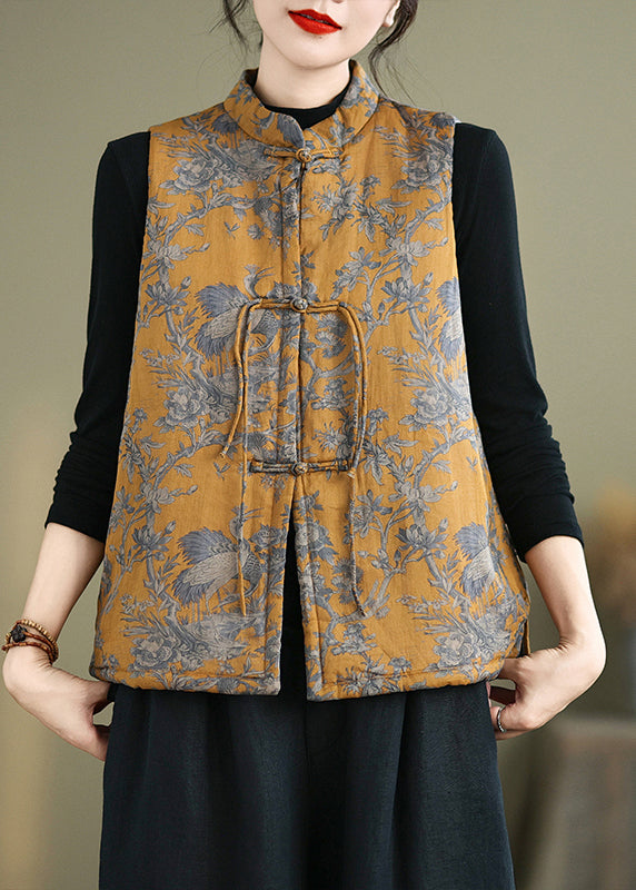 New Yellow Print Chinese Button Cotton Filled Waistcoat Winter QO073