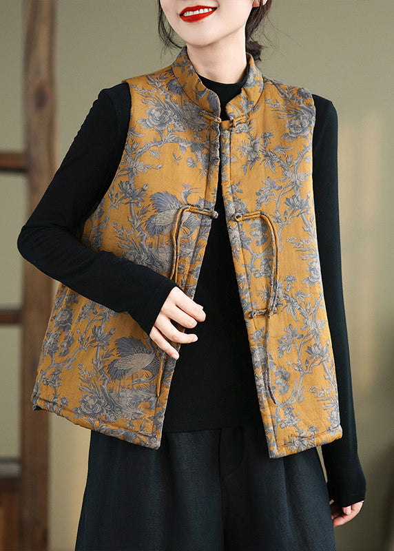 New Yellow Print Chinese Button Cotton Filled Waistcoat Winter QO073