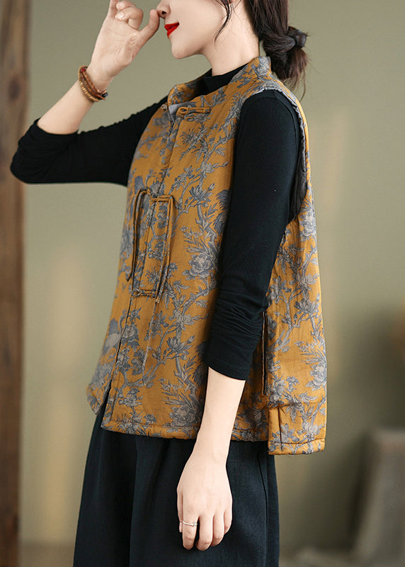 New Yellow Print Chinese Button Cotton Filled Waistcoat Winter QO073