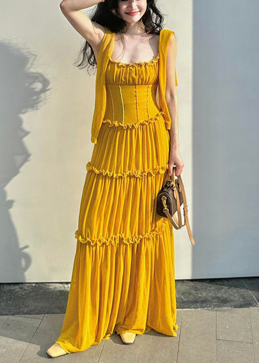 Robe sans manches à bretelles et volants en coton jaune uni à fines bretelles