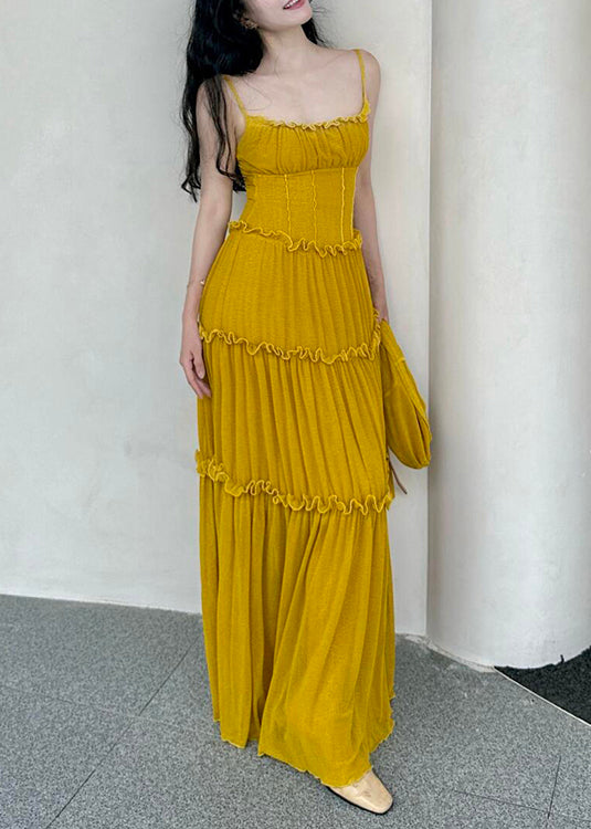 Sleeveless Strap New Cotton Ruffled Dress Yellow Solid Spaghetti