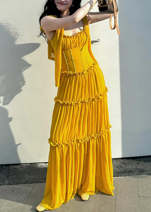 Sleeveless Strap New Cotton Ruffled Dress Yellow Solid Spaghetti