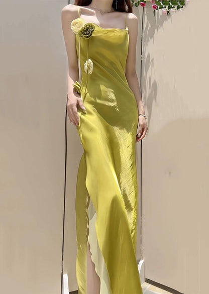 New Yellow Side Open Solid Silk Spaghetti Strap Dress Sleeveless ZL055