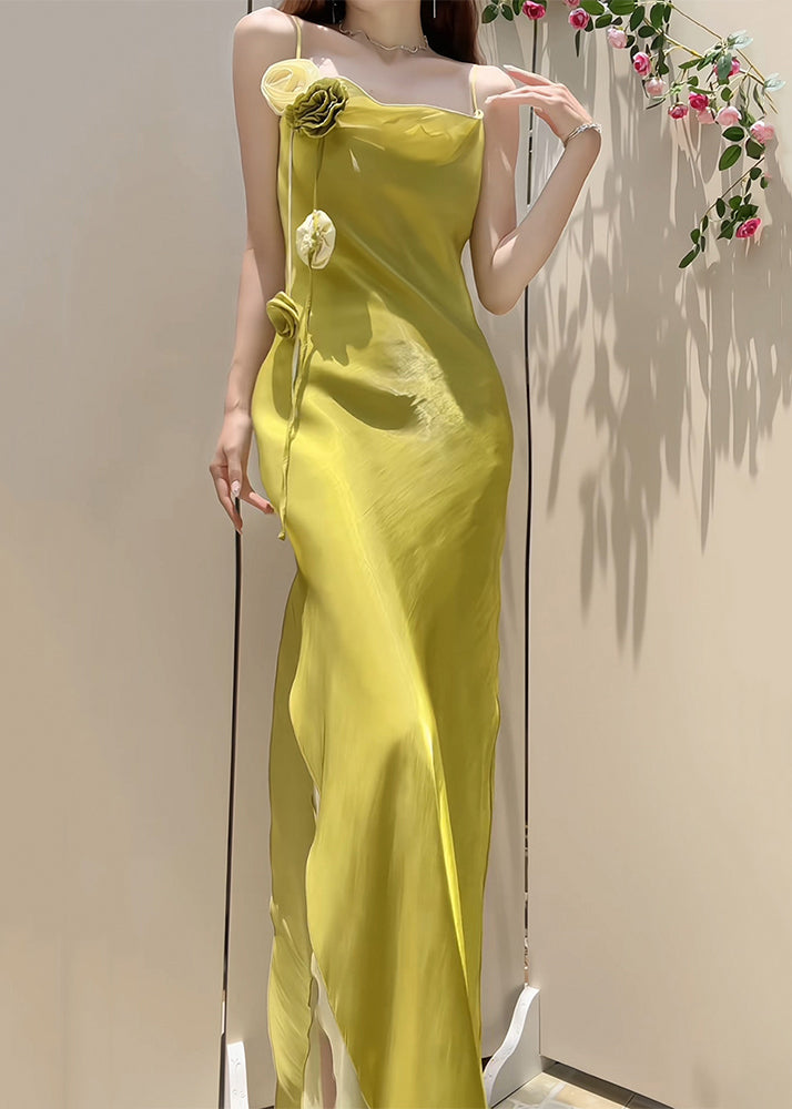 New Yellow Side Open Solid Silk Spaghetti Strap Dress Sleeveless ZL055