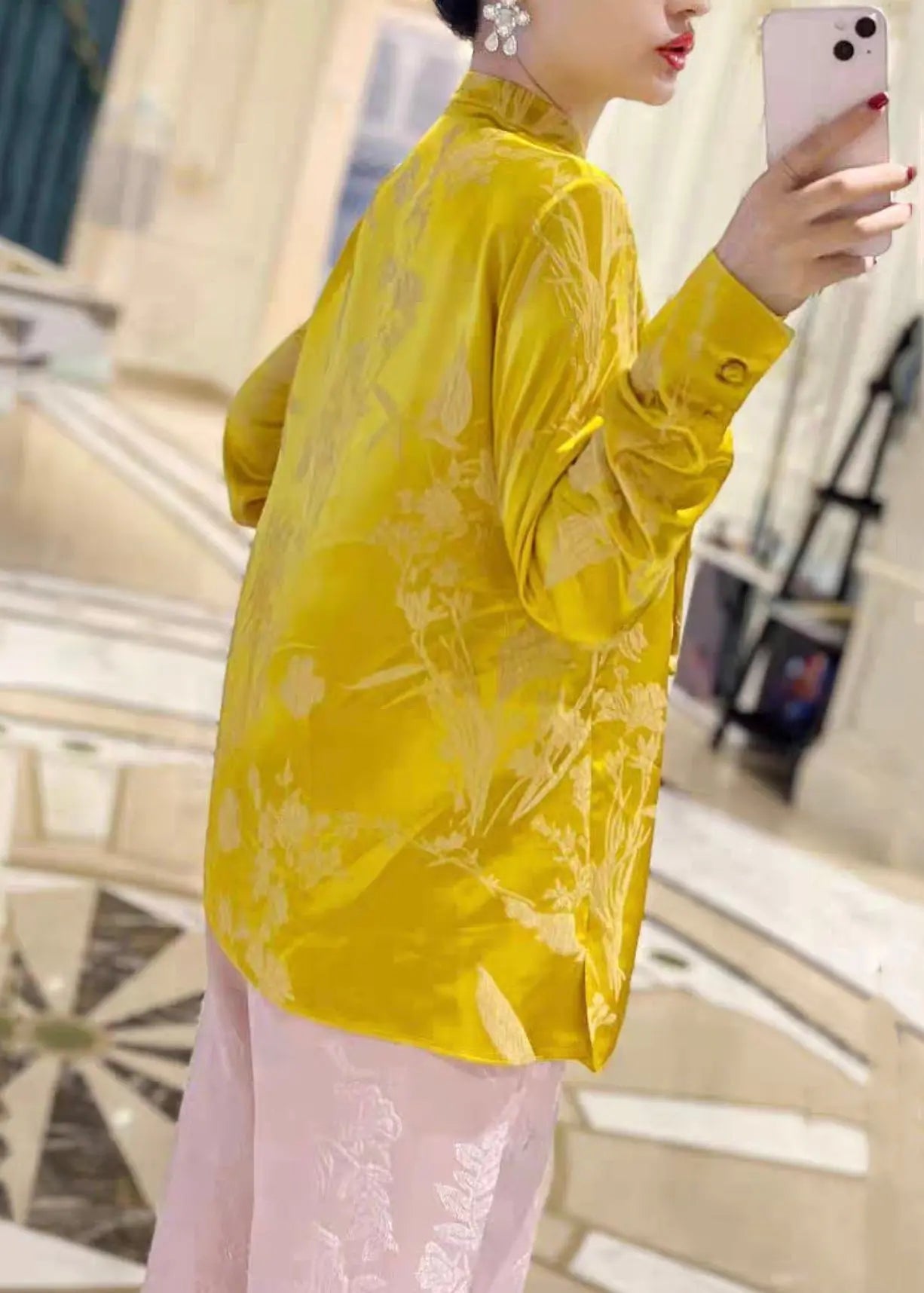 New Yellow Stand Collar Button Print Silk Shirt Long Sleeve Ada Fashion