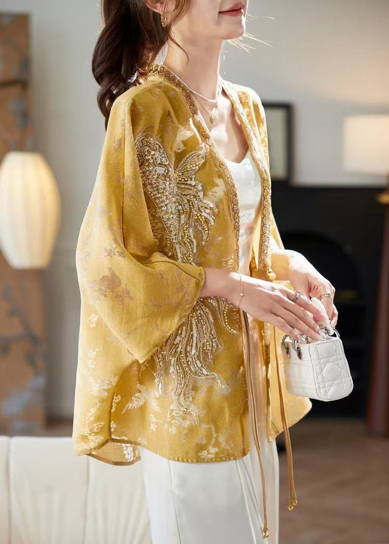 New Yellow V Neck Button Nail Bead Silk Shirt Batwing Sleeve RZ012