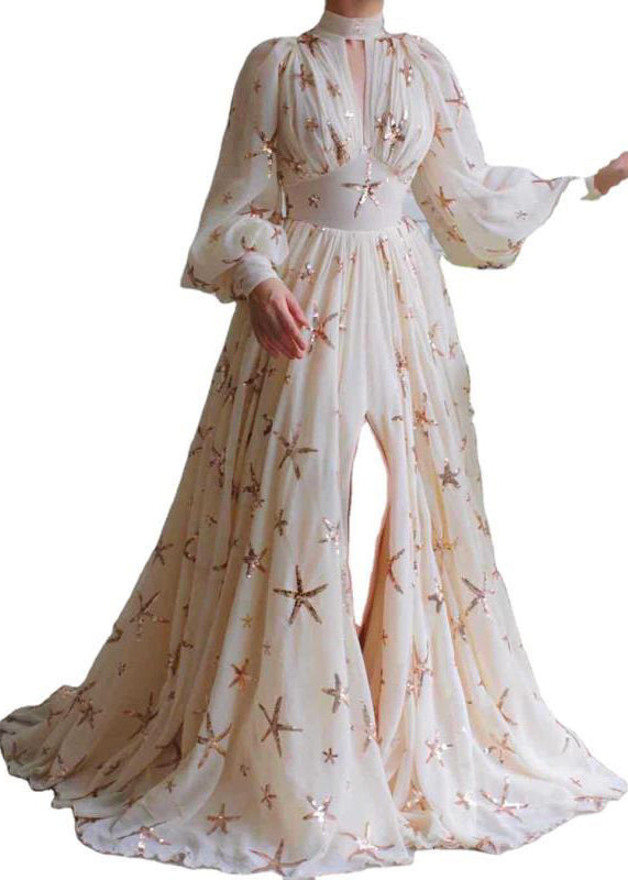 Robe longue en mousseline de soie beige fantaisie à paillettes et ouverture latérale, manches lanternes, WW1037