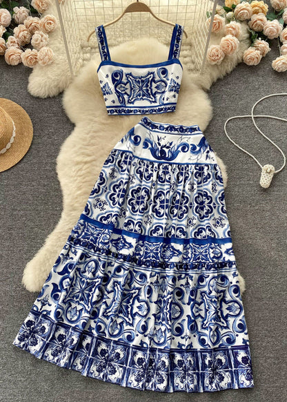 Novelty Blue Print High Waist Cotton Two Piece Set Sleeveless TR035